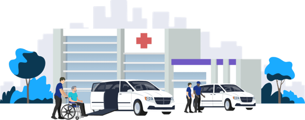 Graphic of a hospital with white vans offering transportation services to patients because Geriatric Specialty Care discontinues at-home care services