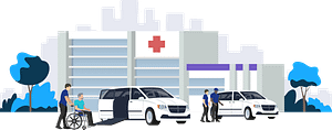 Graphic of a hospital with white vans offering transportation services to patients because Geriatric Specialty Care discontinues at-home care services