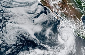 California Governor enacts Special Election Period from Hilary Tropical Storm, as seen from above in this areal shot of the storm.