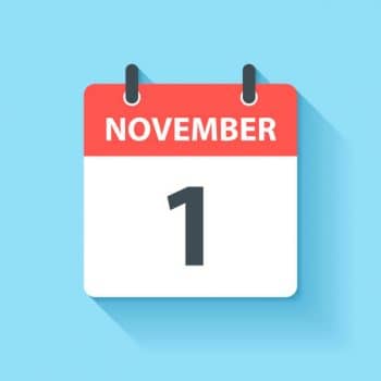 November 1. Calendar Icon with long shadow in a Flat Design style. Daily calendar isolated on blue background. Vector Illustration (EPS10, well layered and grouped). Easy to edit, manipulate, resize or colorize.